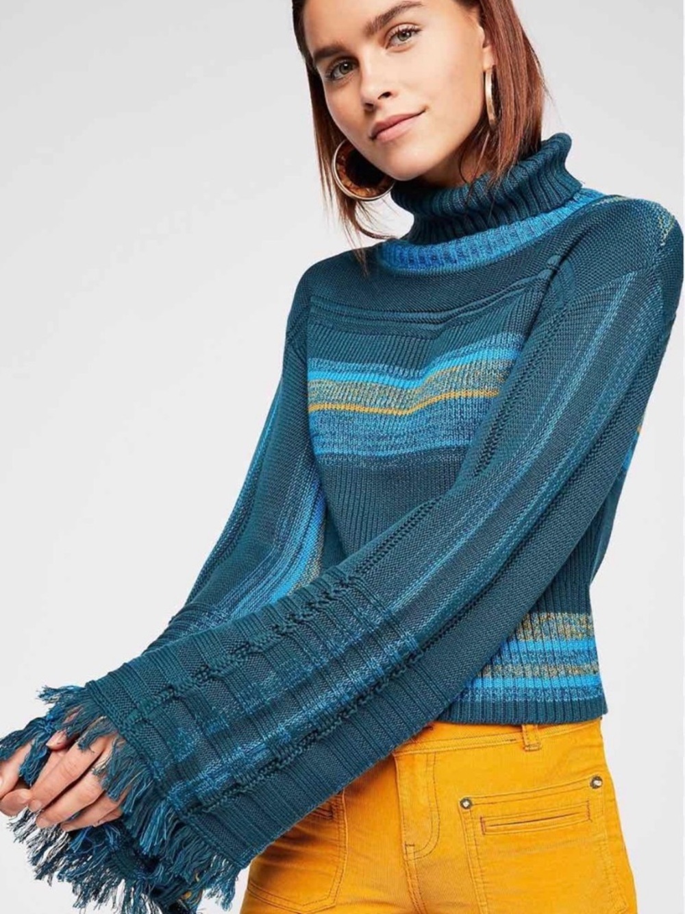 Free People Women’s Close to Me Blue and Green Striped Turtleneck Sweater, XS